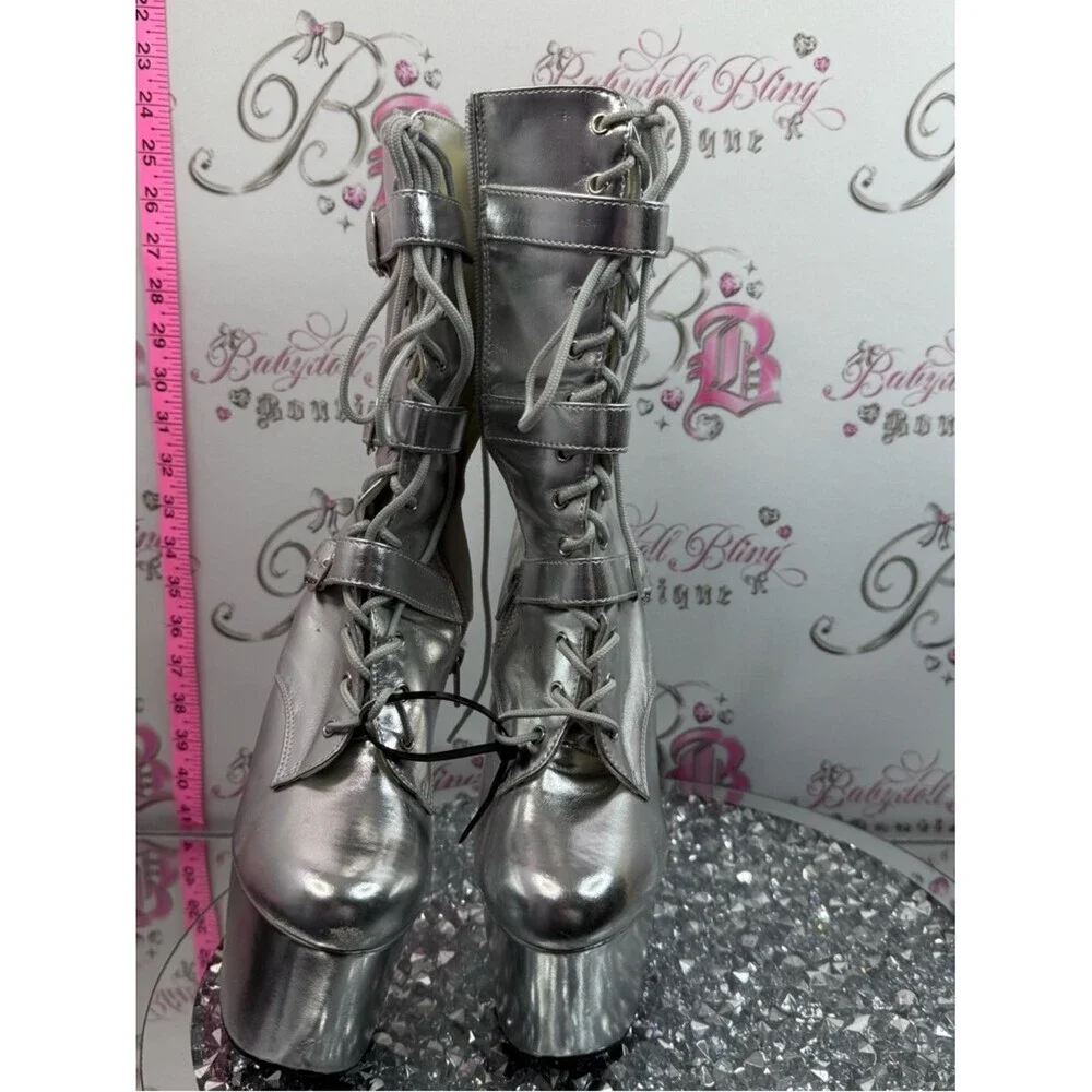 Pleaser boots high heels buckle Metallic Silver Lace-Up Platform Ankle Boots